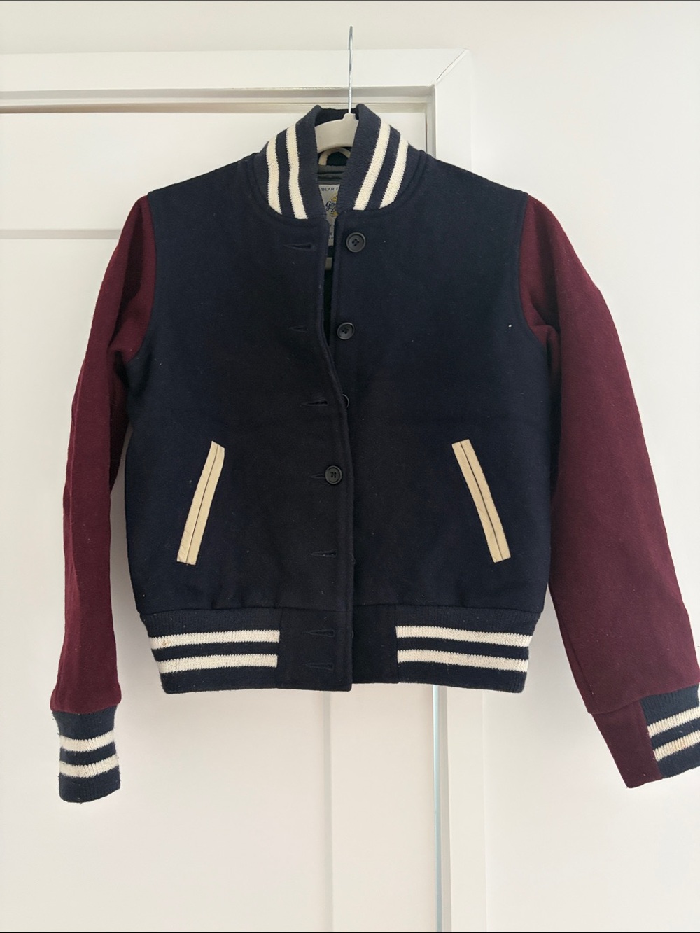 JCrew Two-Tone Varsity Jacket in Navy and Burgundy